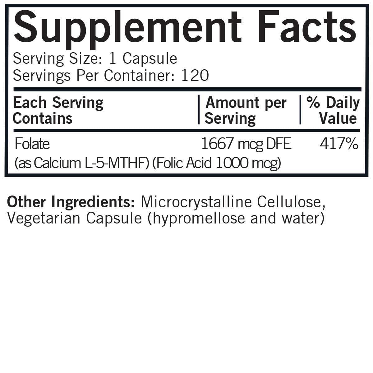Kirkman 5-MTHF Methyltetrahydrofolate 1 mg Ingredients