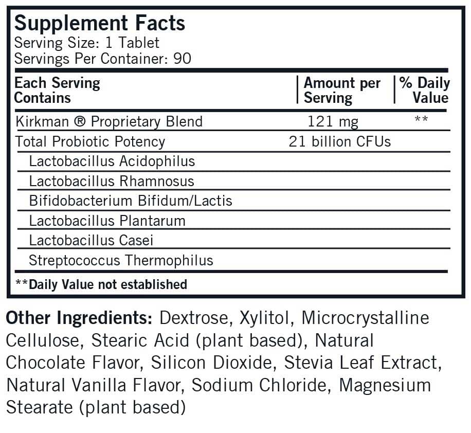Kirkman Children's Chocolate Chewable Pro-Bio Gold Ingredients
