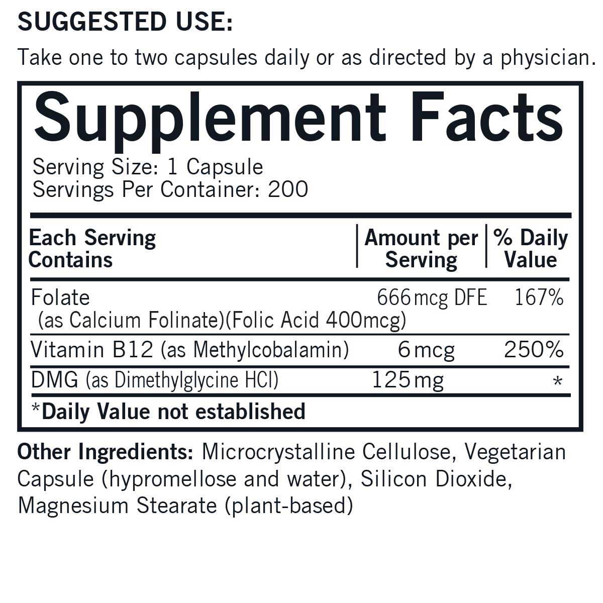 Kirkman DMG 125mg with Folate & Methy B12 (Formerly DMG (Dimethylglycine) with Folinic Acid & Methyl B-12) Ingredients