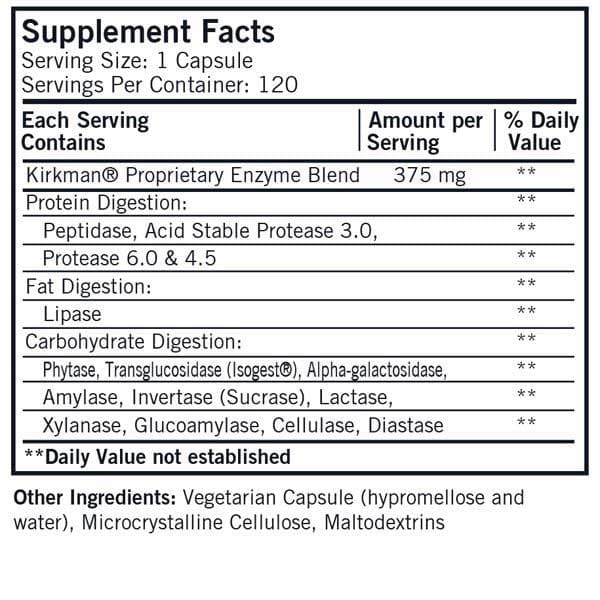 Kirkman Maximum Spectrum Enzyme Complete Fruit Free (Formerly Maximum Spectrum Enzym-Complete/DPP-IV Fruit Free w/Isogest) Ingredients