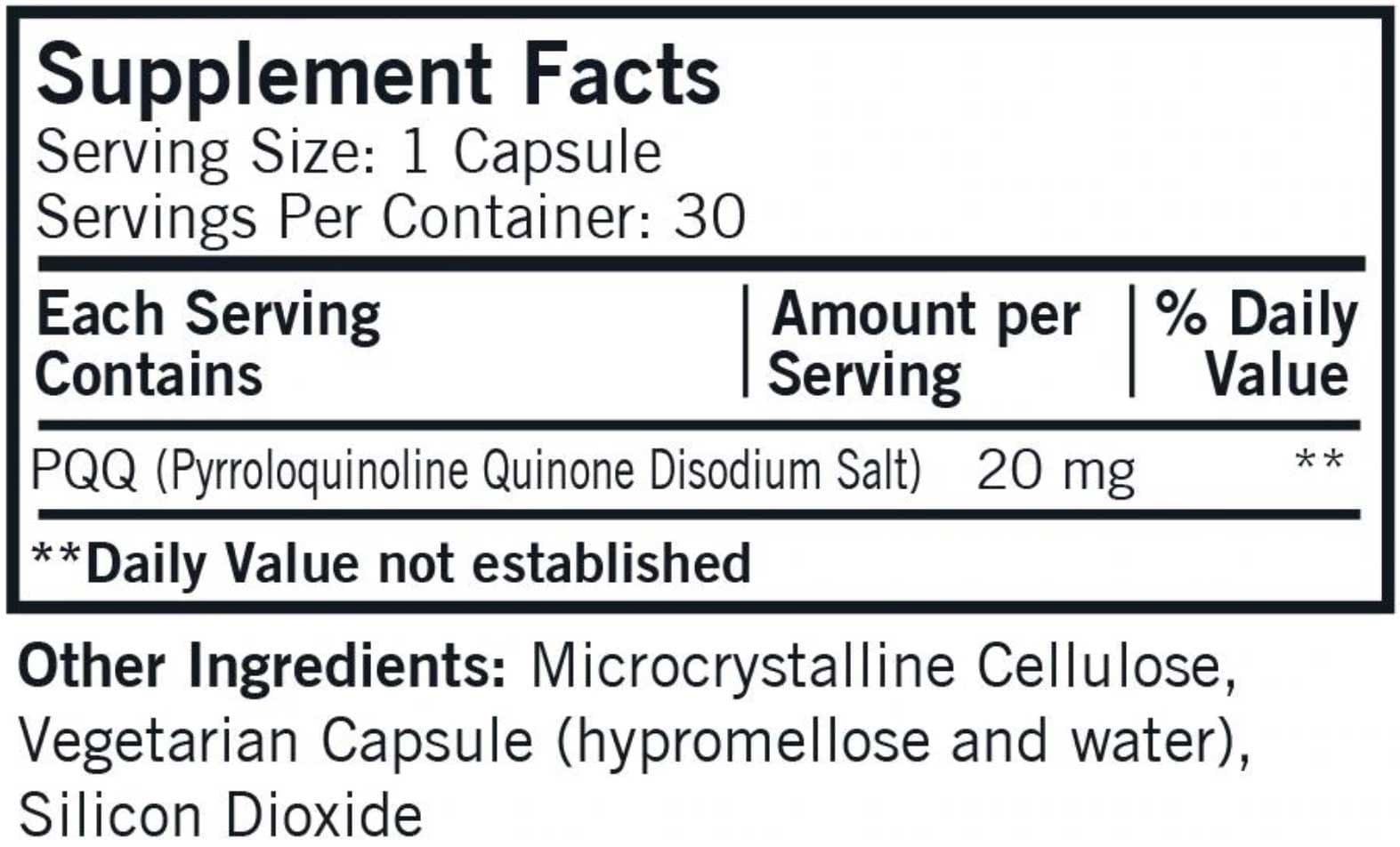 Kirkman PQQ (Pyrroloquinoline Quinone) 20 mg Ingredients