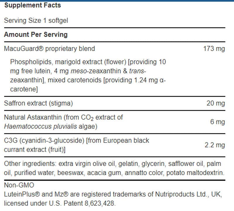 Life Extension MacuGuard Ocular Support with Saffron and Astaxanthin Ingredients