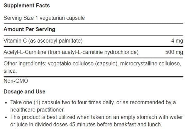 Life Extension Acetyl-L-Carnitine Ingredients