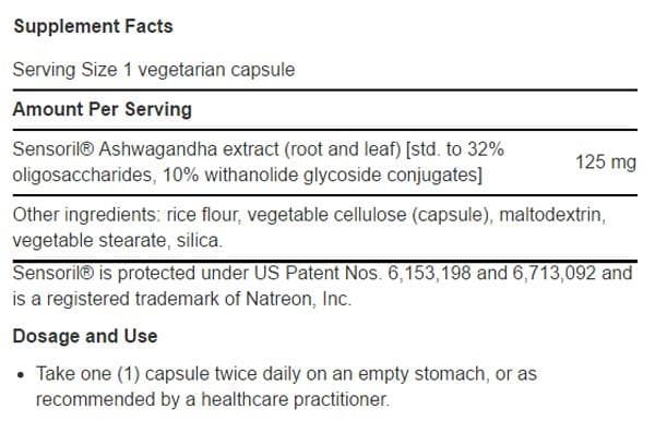 Life Extension Optimized Ashwagandha Extract Ingredients