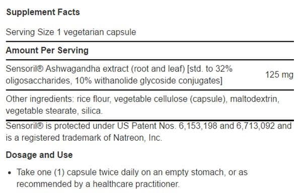 Life Extension Optimized Ashwagandha Extract Ingredients