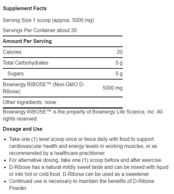 Life Extension D-Ribose Powder Ingredients