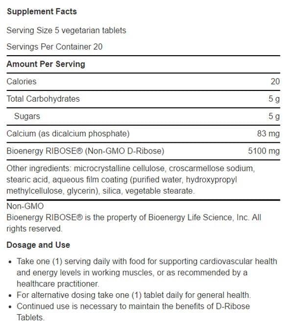 Life Extension D-Ribose Tablets Ingredients