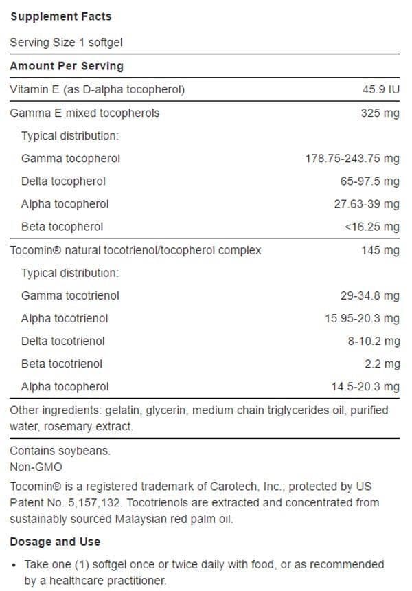Life Extension Gamma E Mixed Tocopherols & Tocotrienols Ingredients