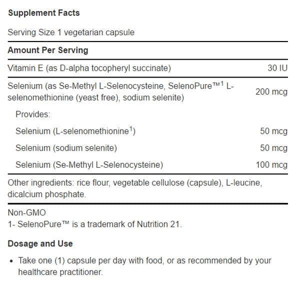 Life Extension Super Selenium Complex Ingredients