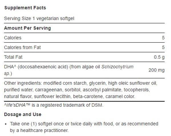 Life Extension Vegetarian Sourced DHA Ingredients
