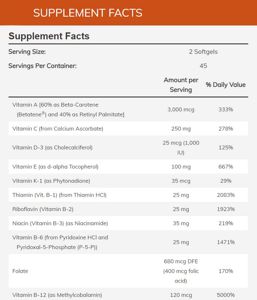 NOW ADAM Men's Multivitamin Ingredients