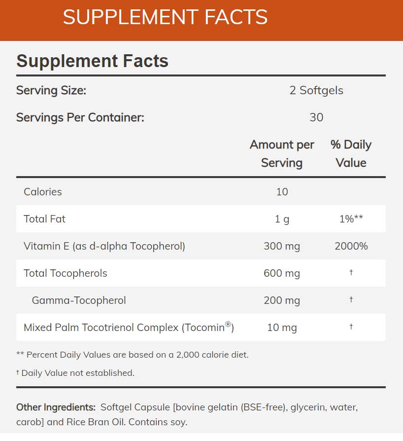 NOW Advanced Gamma E Complex Ingredients