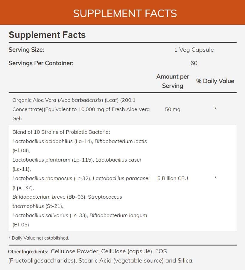 NOW Aloe 10,000 & Probiotics Ingredients
