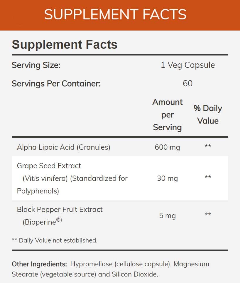NOW Alpha Lipoic Acid Ingredients