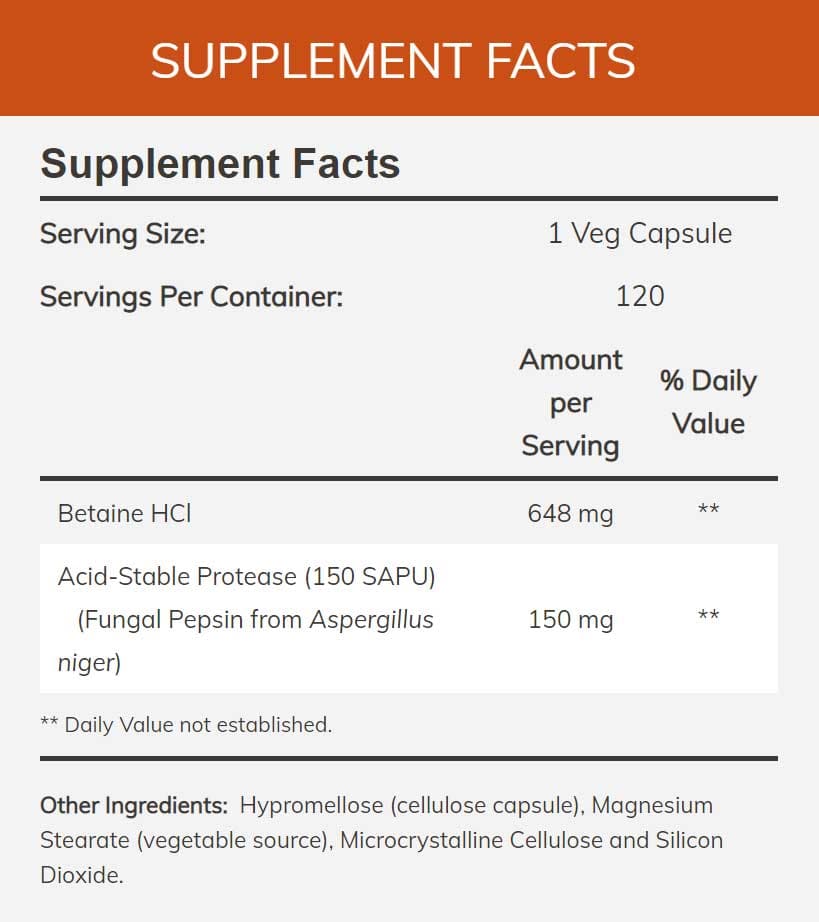 NOW Betaine HCl 648 mg Ingredients