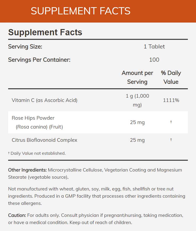 NOW C-1000 with Rose Hips Ingredients