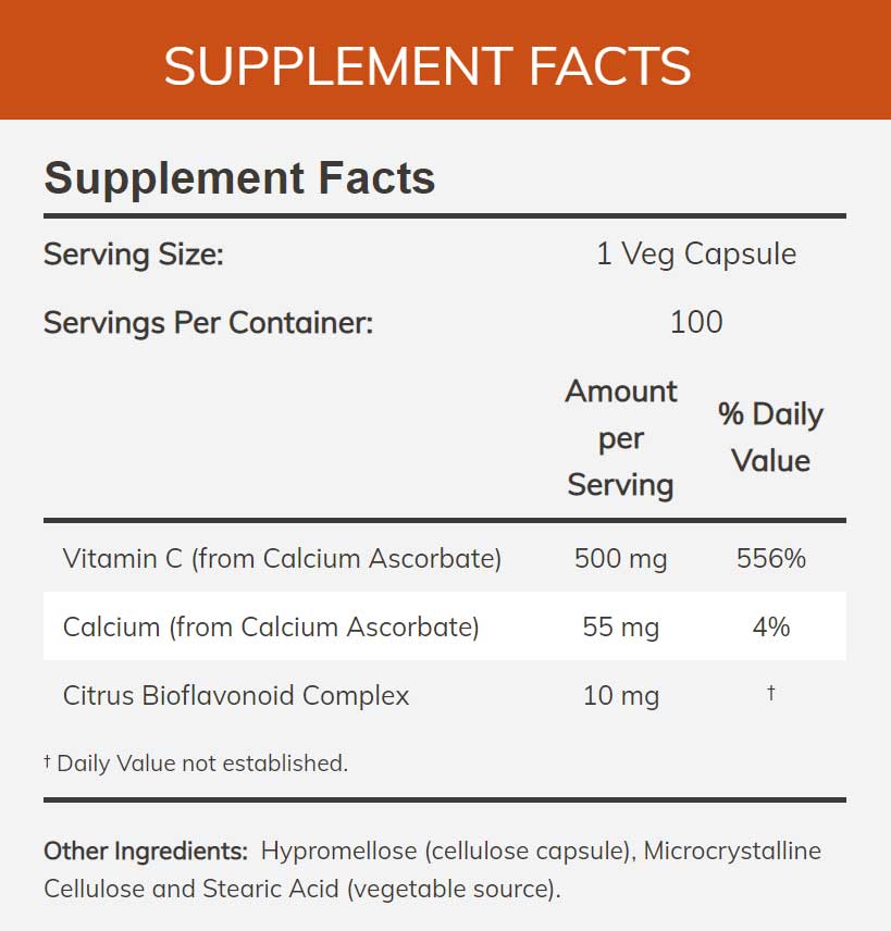 NOW C-500 Calcium Ascorbate Ingredients