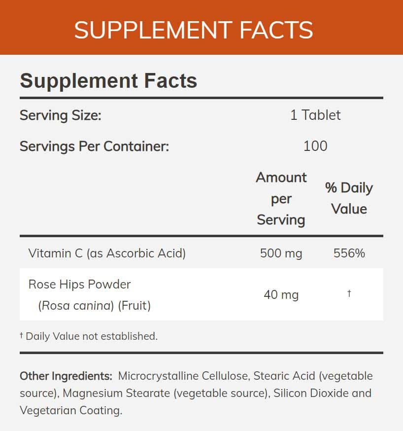 NOW C-500 with Rose Hips Ingredients