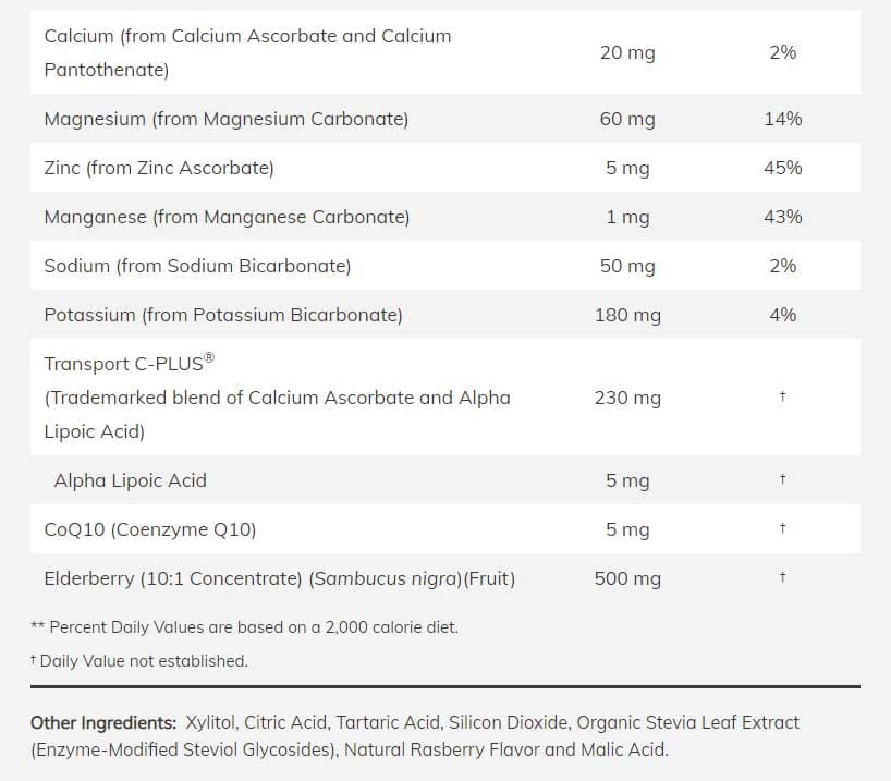 NOW Effer-C Elderberry Ingredients