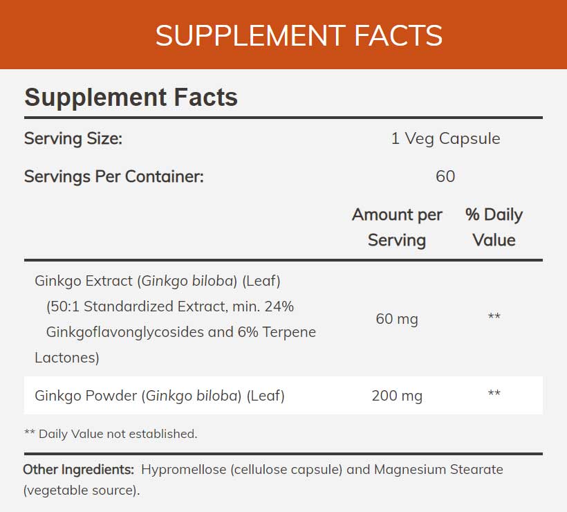 NOW Ginkgo Biloba 60 mg Ingredients