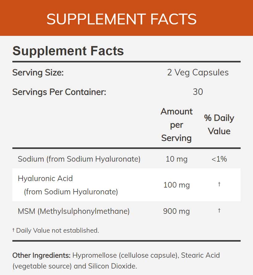 NOW Hyaluronic Acid with MSM 50 mg Ingredients
