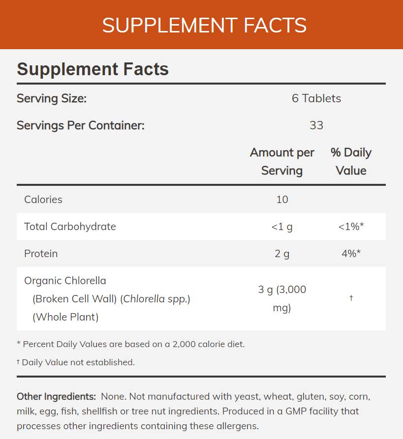 NOW Organic Chlorella 500 mg Ingredients