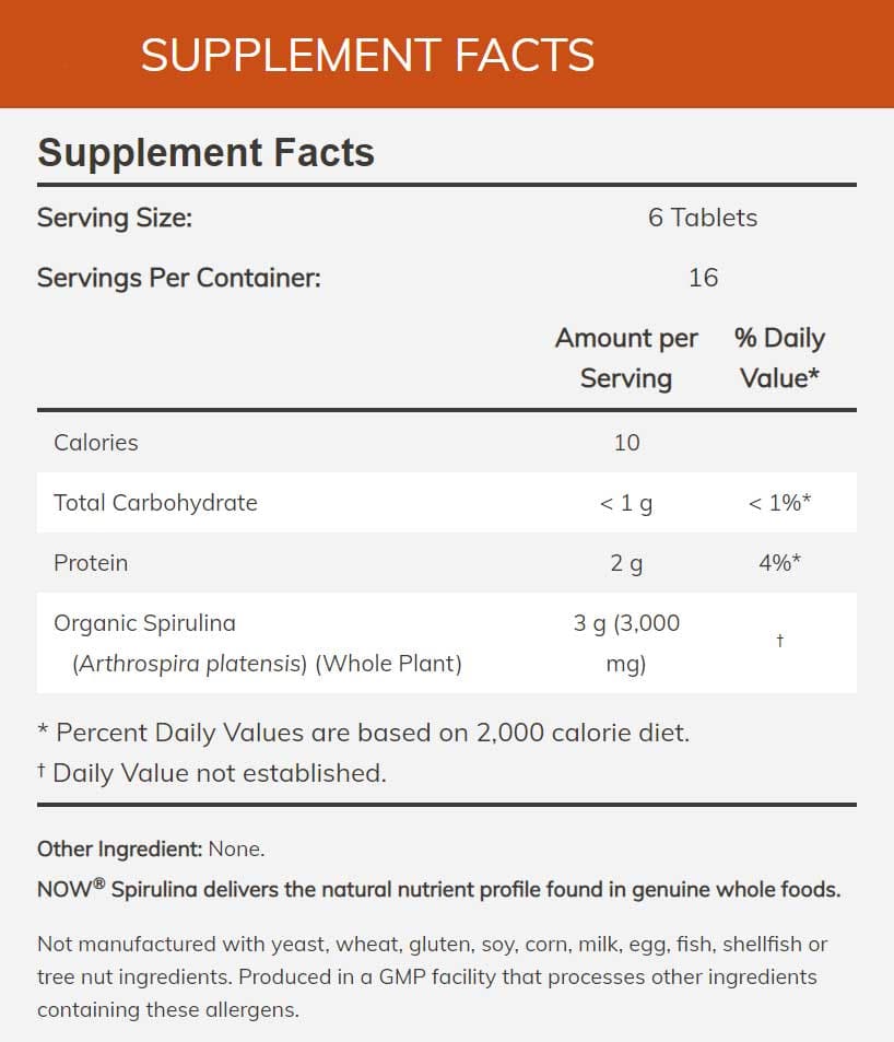 NOW Organic Spirulina Ingredients