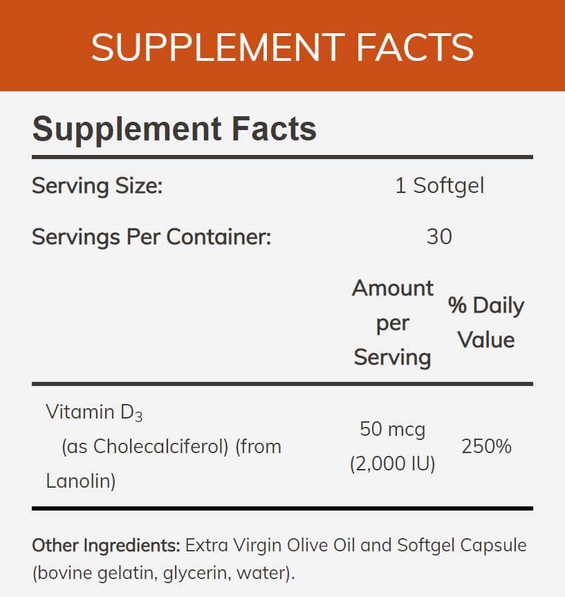 NOW Vitamin D-3 2000 IU High Potency Ingredients