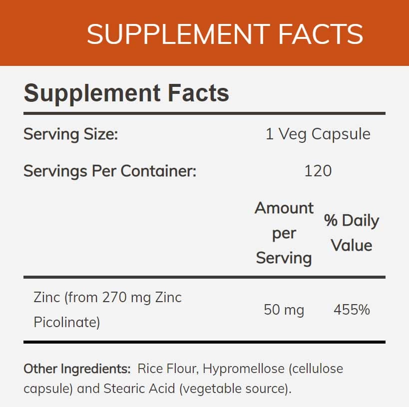 NOW Zinc Picolinate 50 mg Ingredients