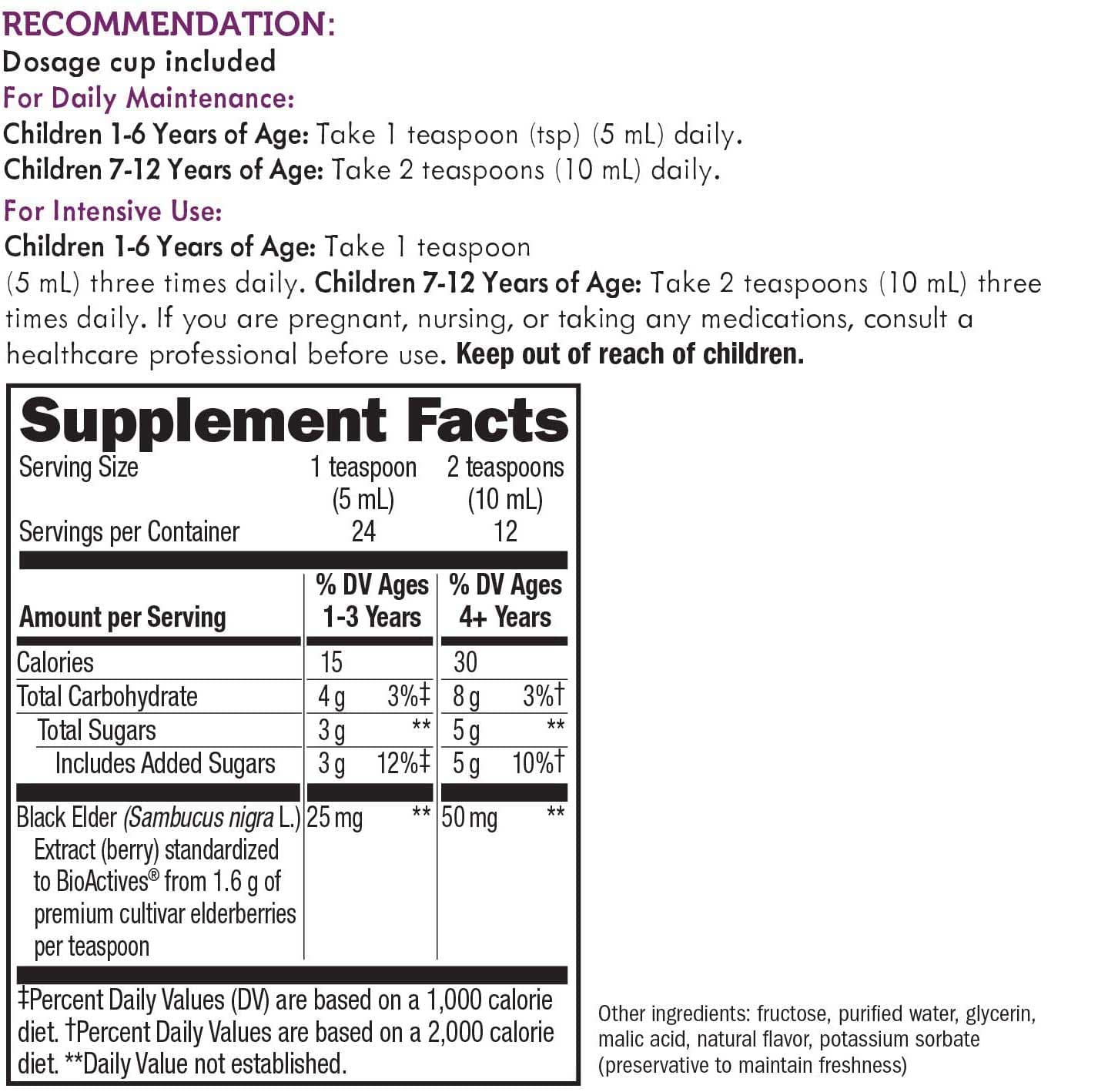 Nature's Way Sambucus Kids Orginal Syrup Ingredients