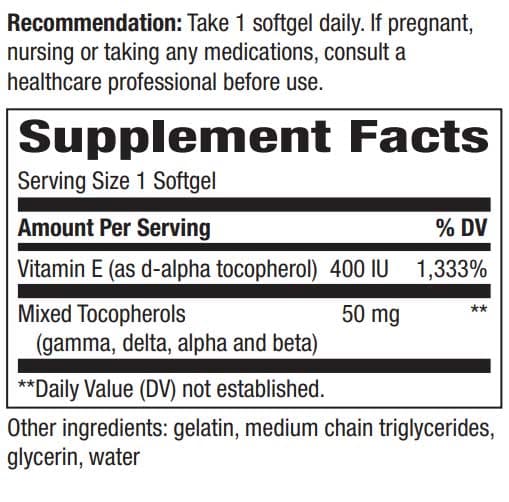Nature's Way Vitamin E 400 IU with Mixed Tocopherols Ingredients
