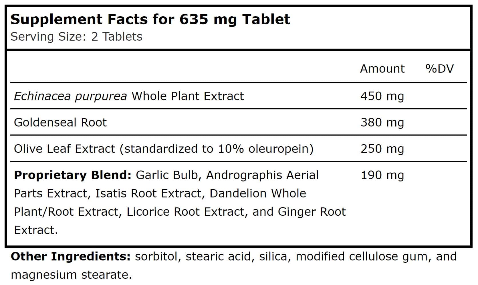 Planetary Herbals Echinacea-Goldenseal with Olive Leaf Ingredients