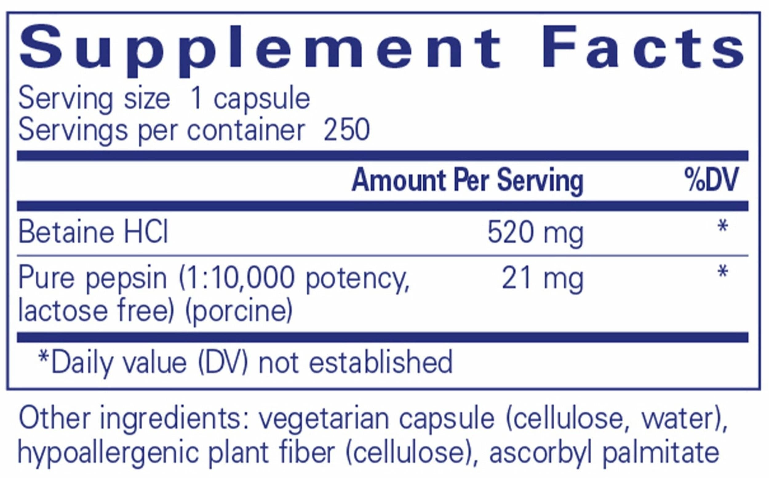 Pure Encapsulations Betaine HCl Pepsin Ingredients 