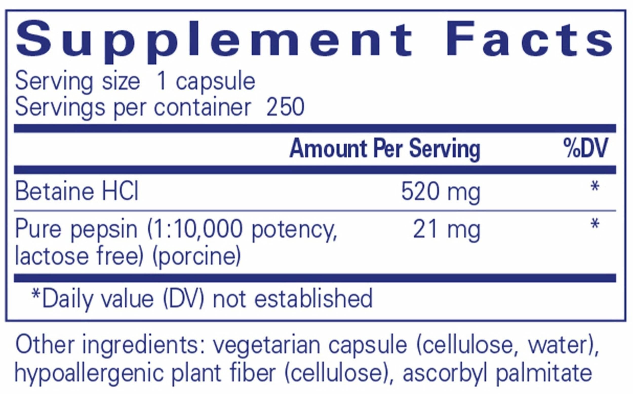 Pure Encapsulations Betaine HCl Pepsin Ingredients
