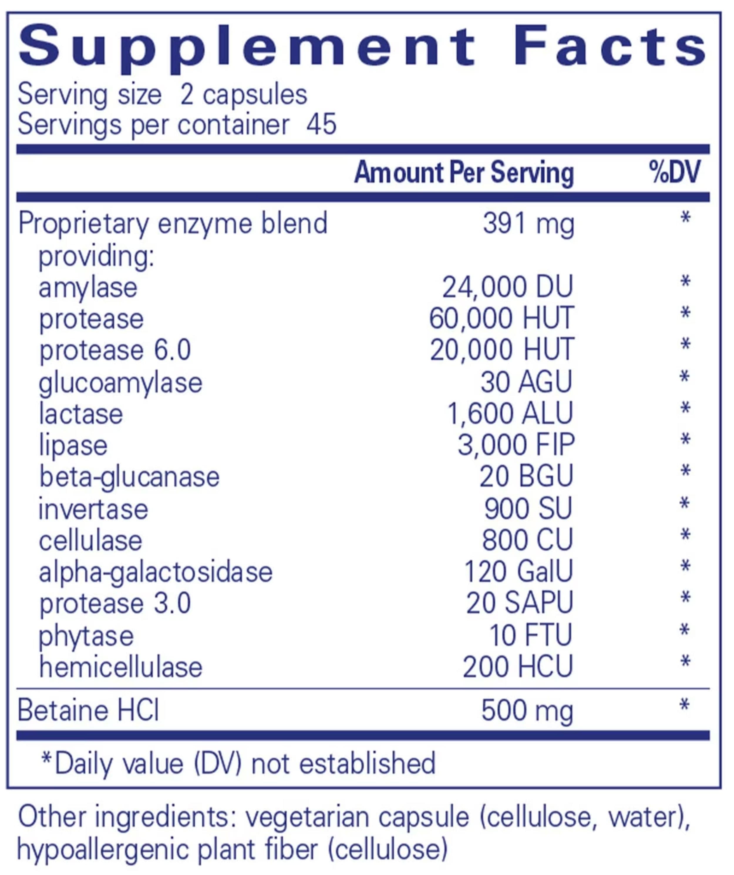 Pure Encapsulations Digestive Enzymes Ultra with Betaine HCl Ingredients