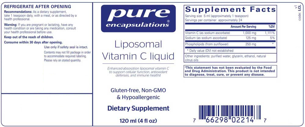 Pure Encapsulations Liposomal Vitamin C liquid Label