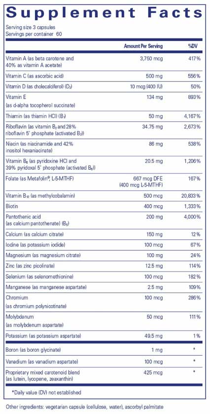 Pure Encapsulations Nutrient 950 A without copper & iron Ingredients