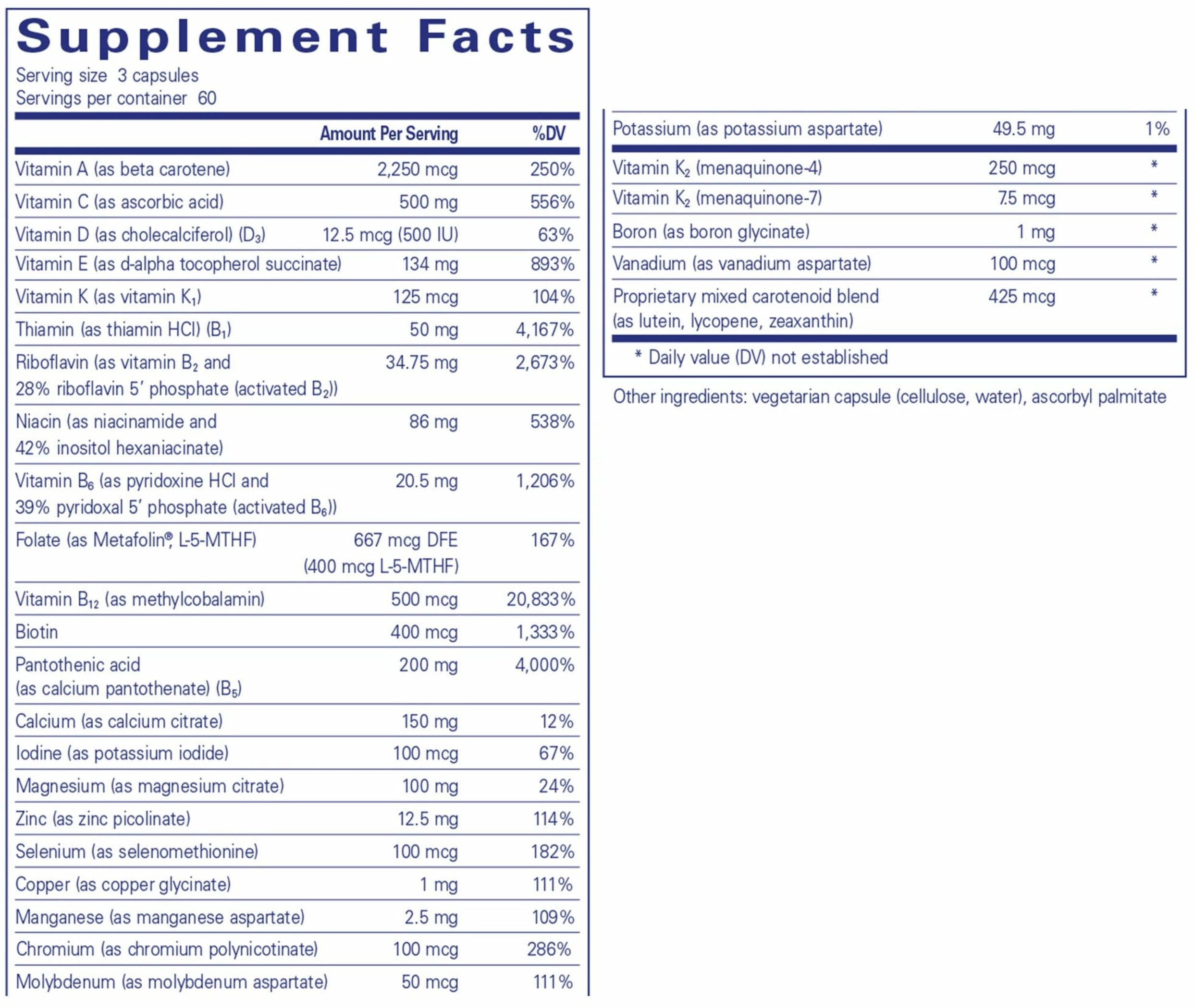 Pure Encapsulations Nutrient 950 with Vitamin K Ingredients