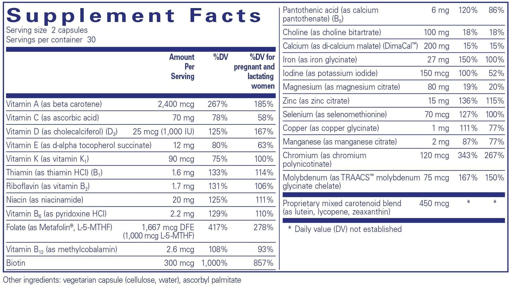 Pure Encapsulations PreNatal Nutrients Ingredients