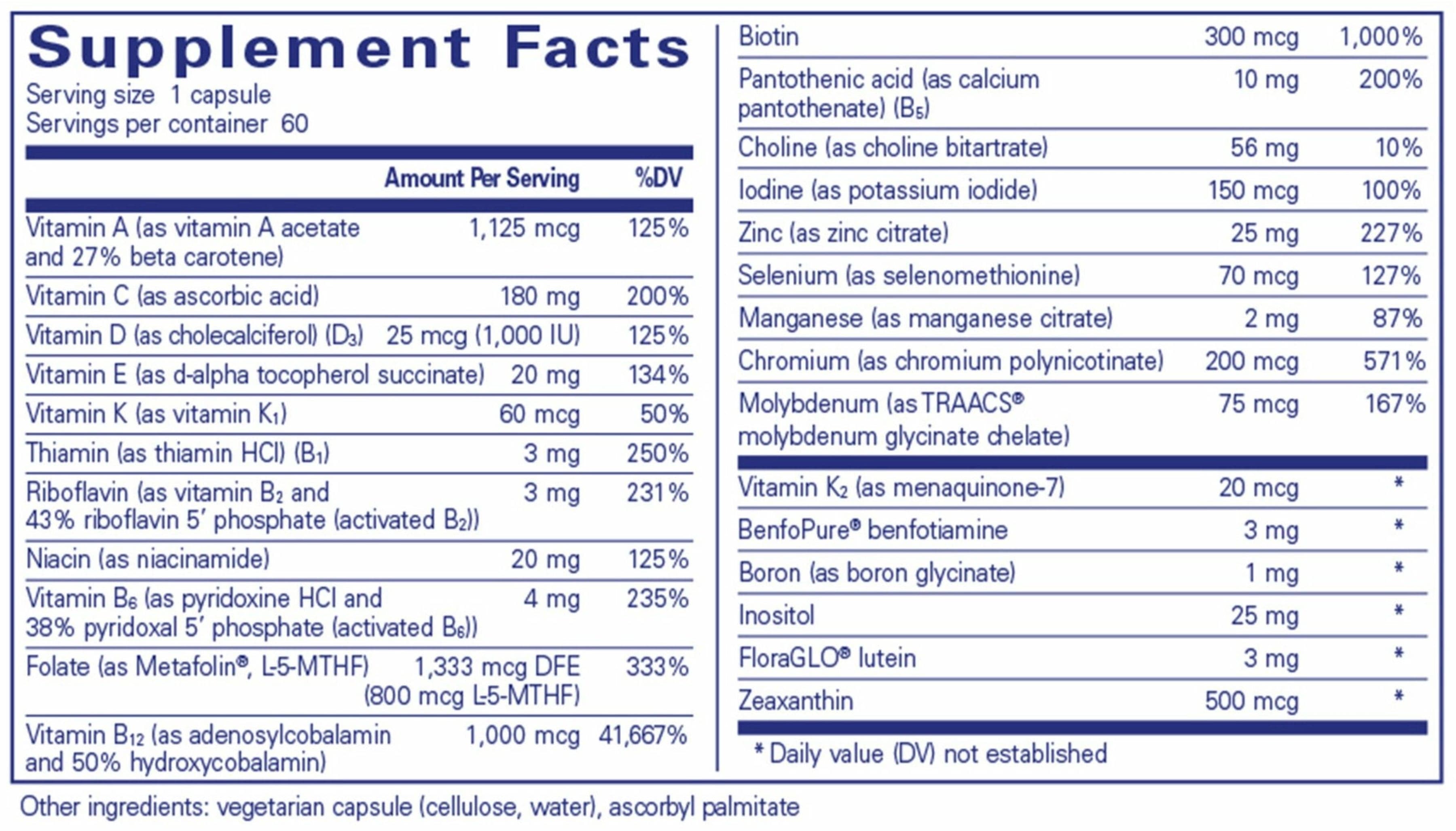 Pure Encapsulations PureGenomics Multivitamin Ingredients