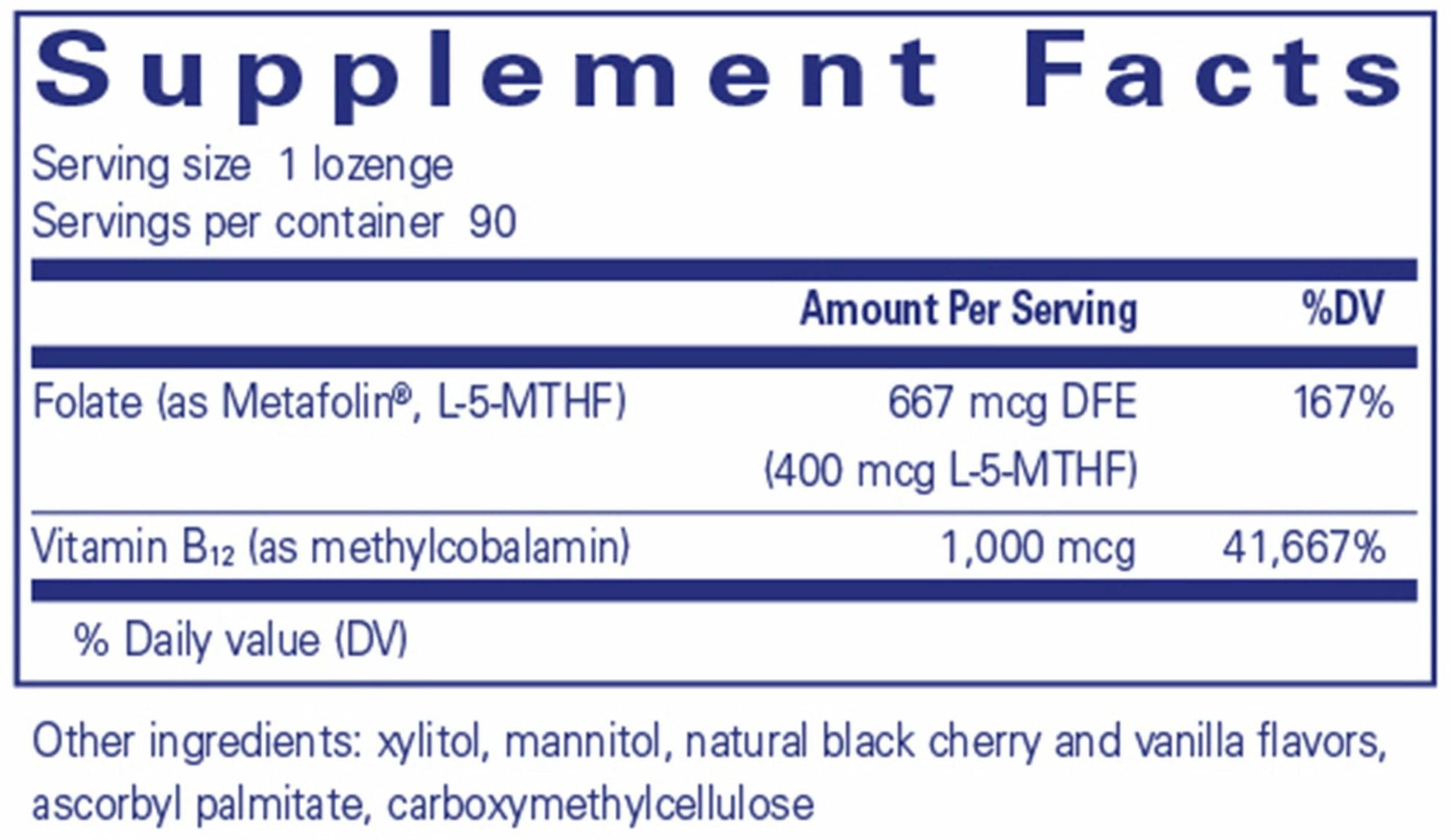 Pure Encapsulations PureMelt B12 Folate Ingredients