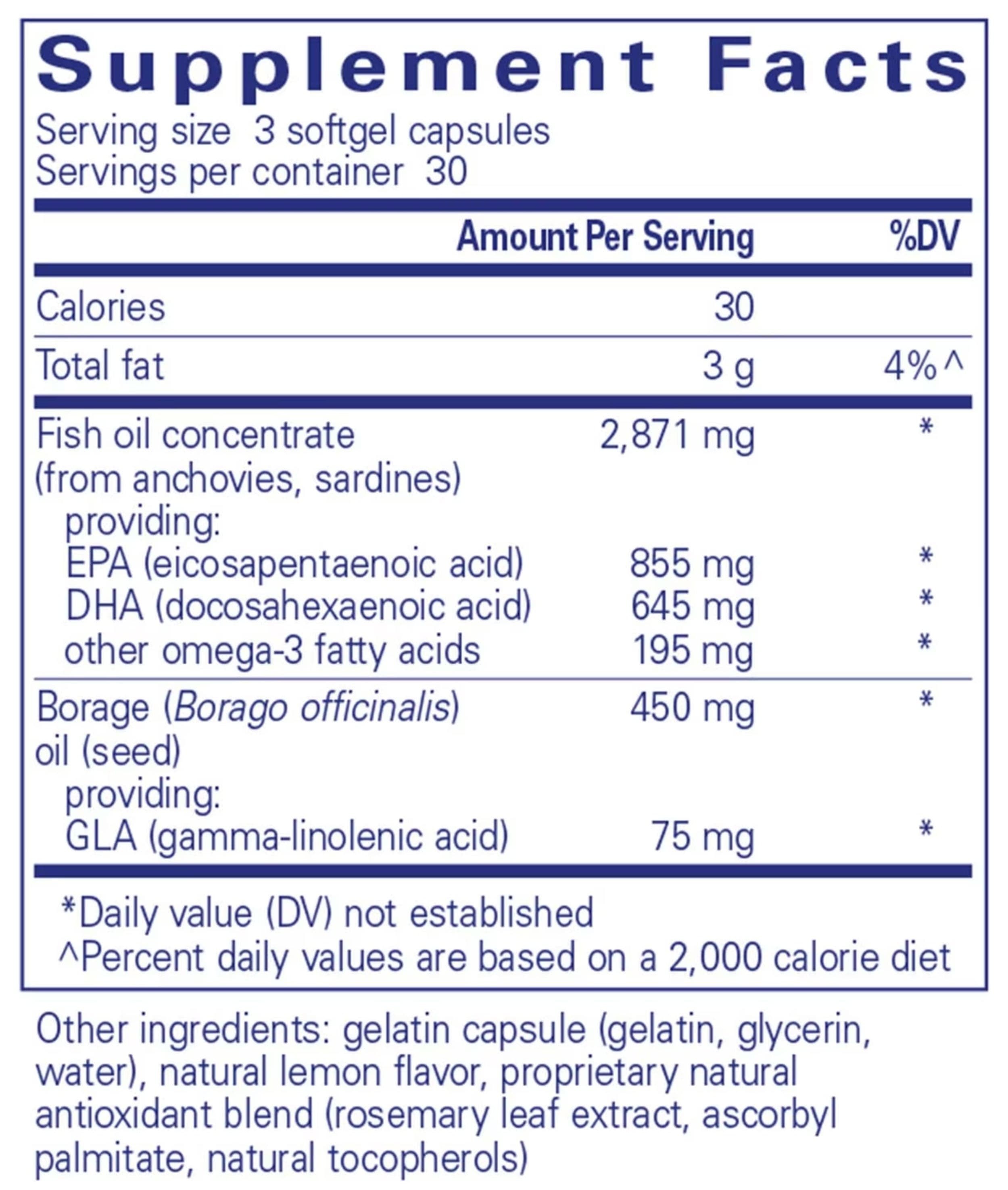 Pure Encapsulations VisionPro EPA/DHA/GLA Ingredients