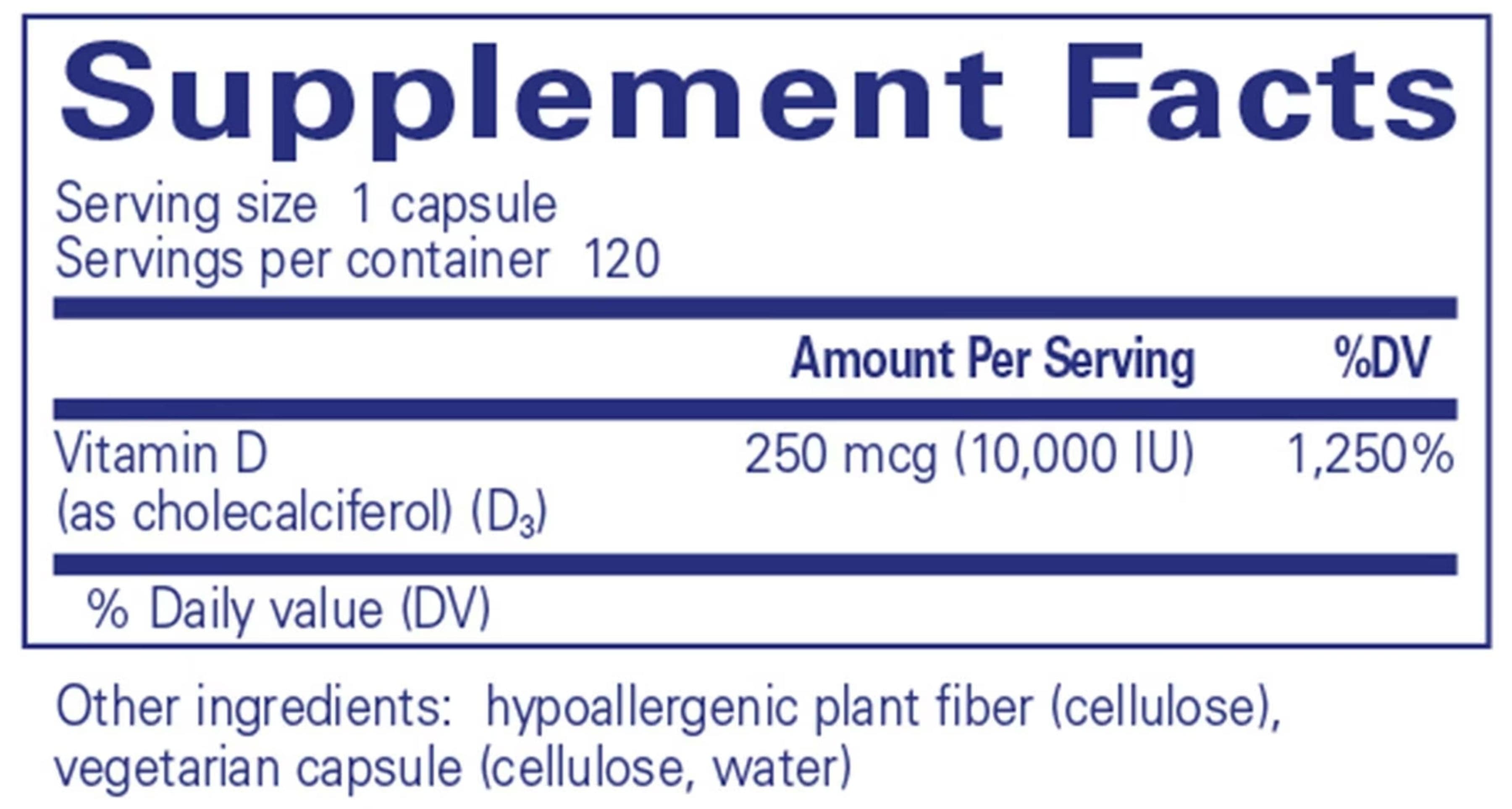 Pure Encapsulations Vitamin D3 250 mcg (10,000 IU) Ingredients