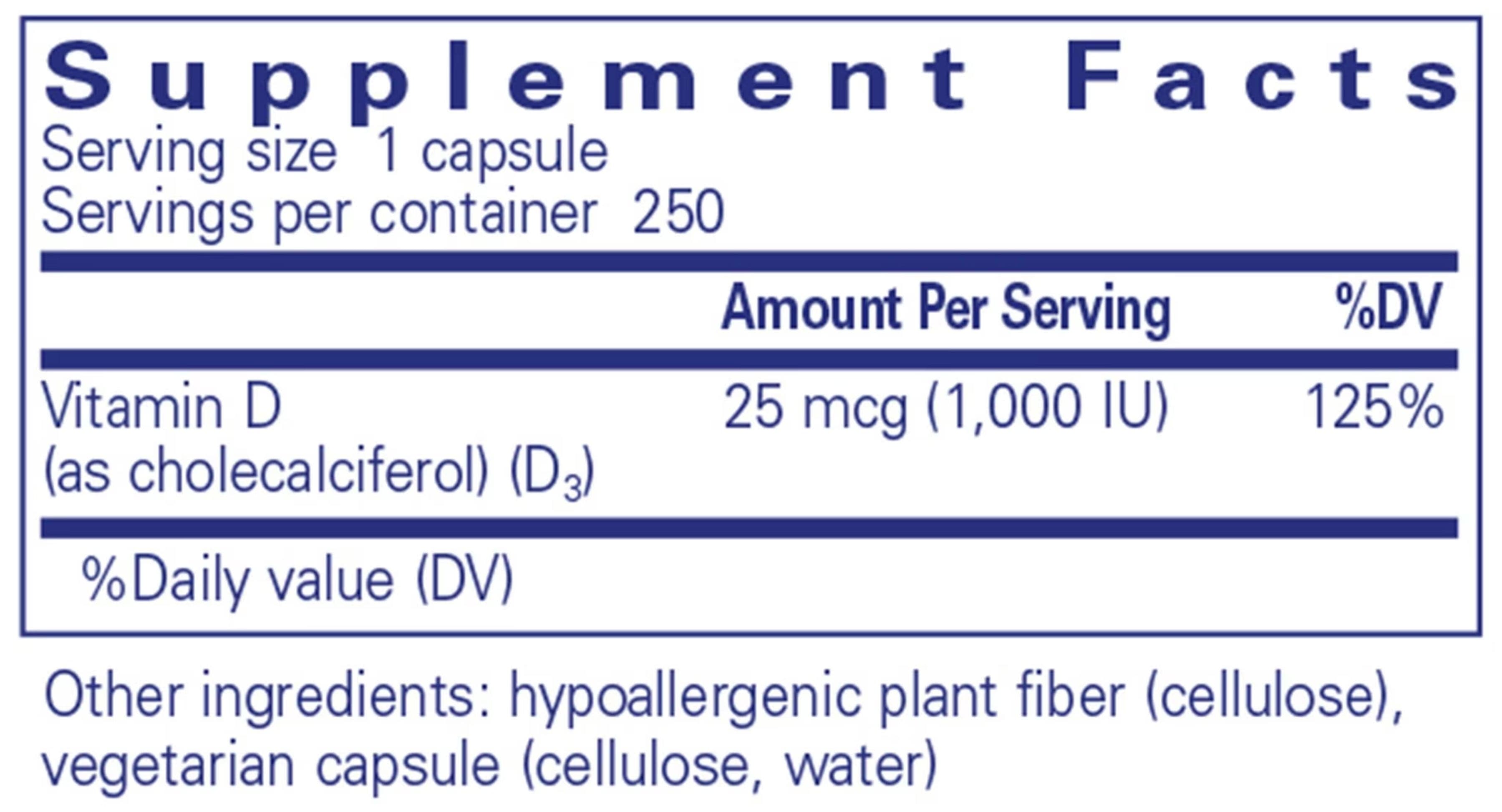 Pure Encapsulations Vitamin D3 25 mcg (1,000 IU) Ingredients