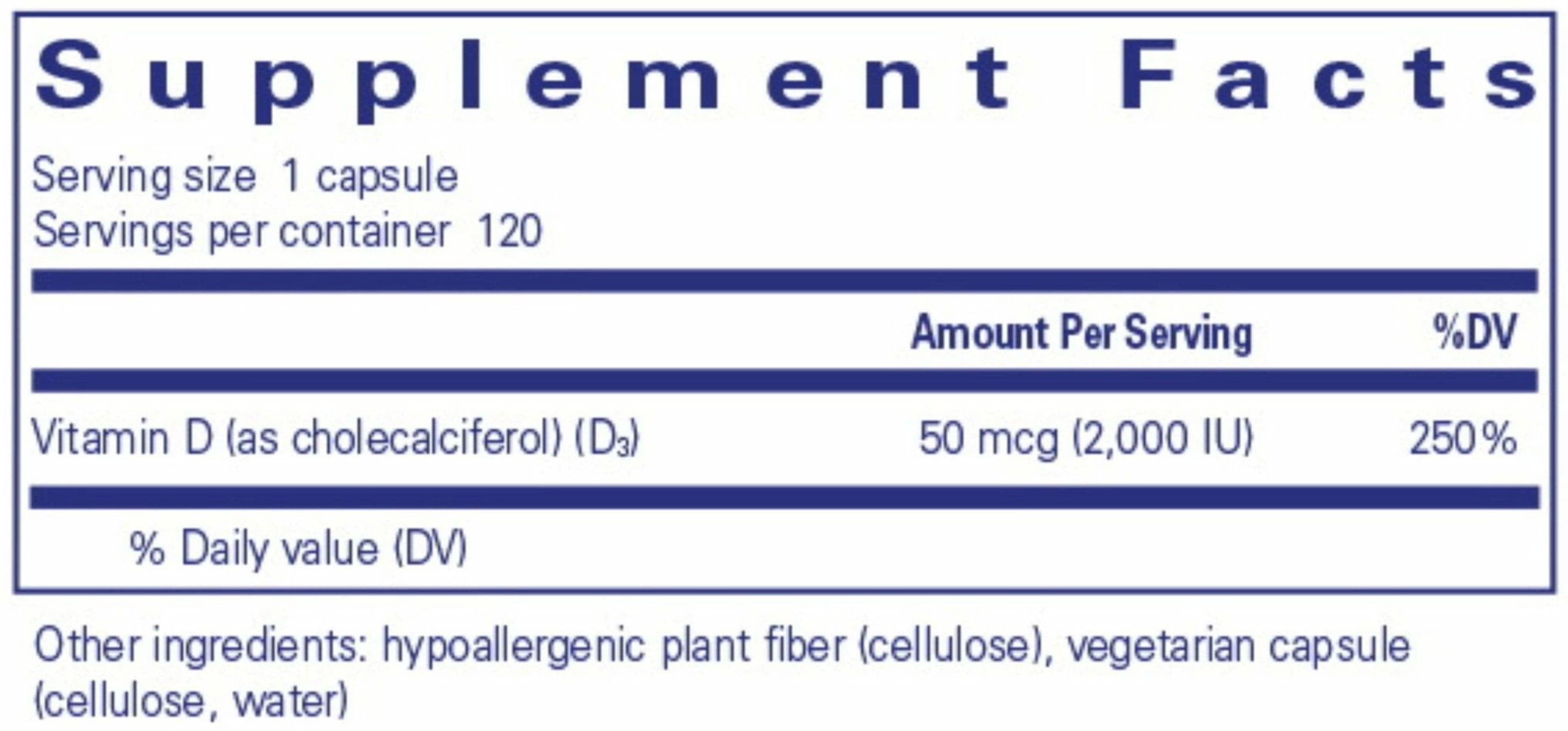 Pure Encapsulations Vitamin D3 (Vegan) Ingredients 