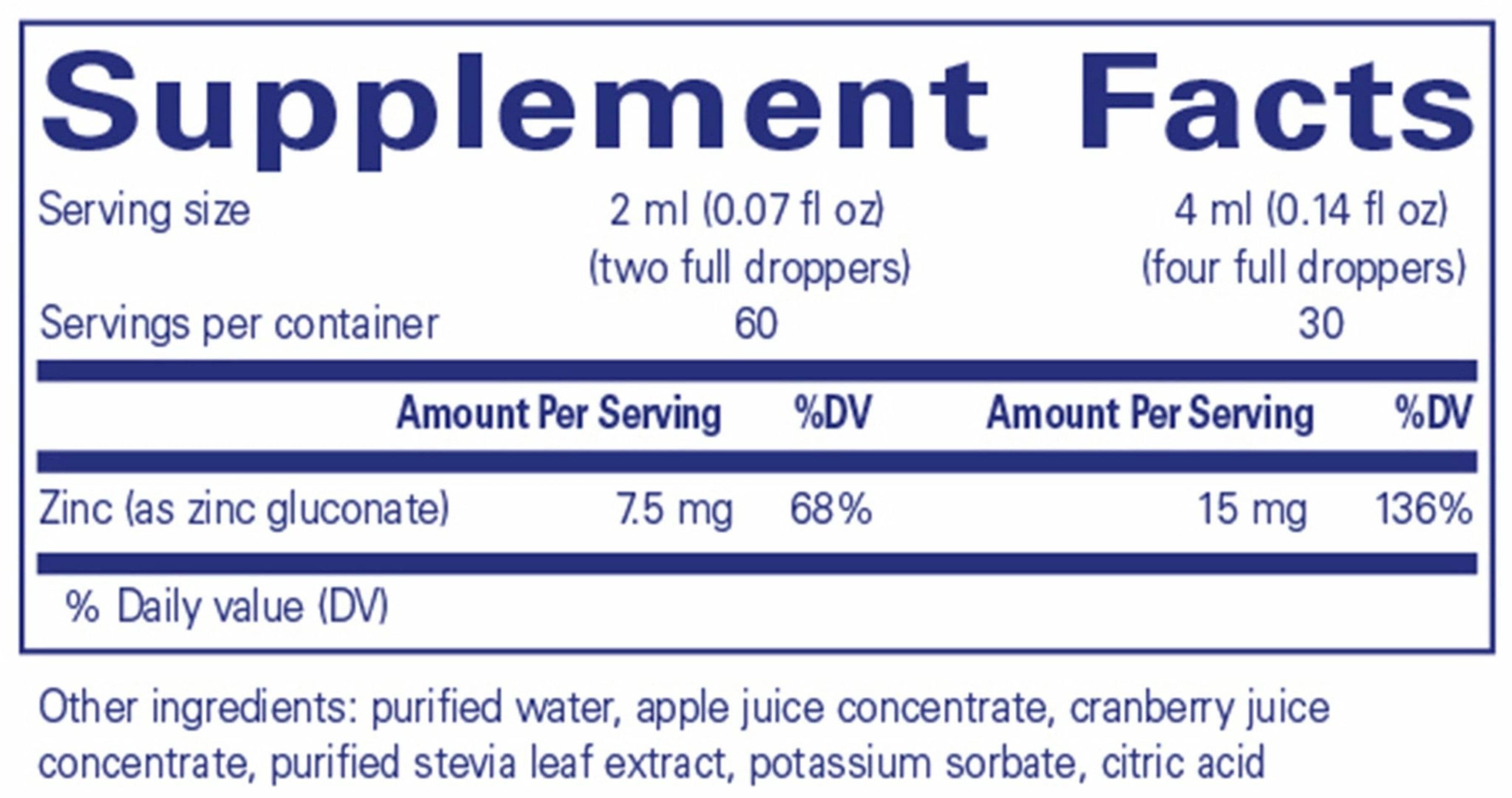 Pure Encapsulations Zinc Liquid 15 mg Ingredients 