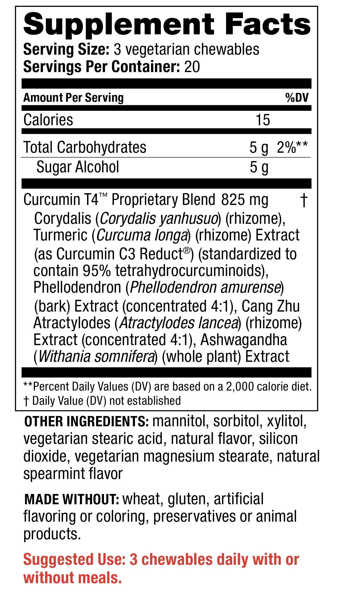 Redd Remedies Curcumin T4 Chewable Tablets Ingredients