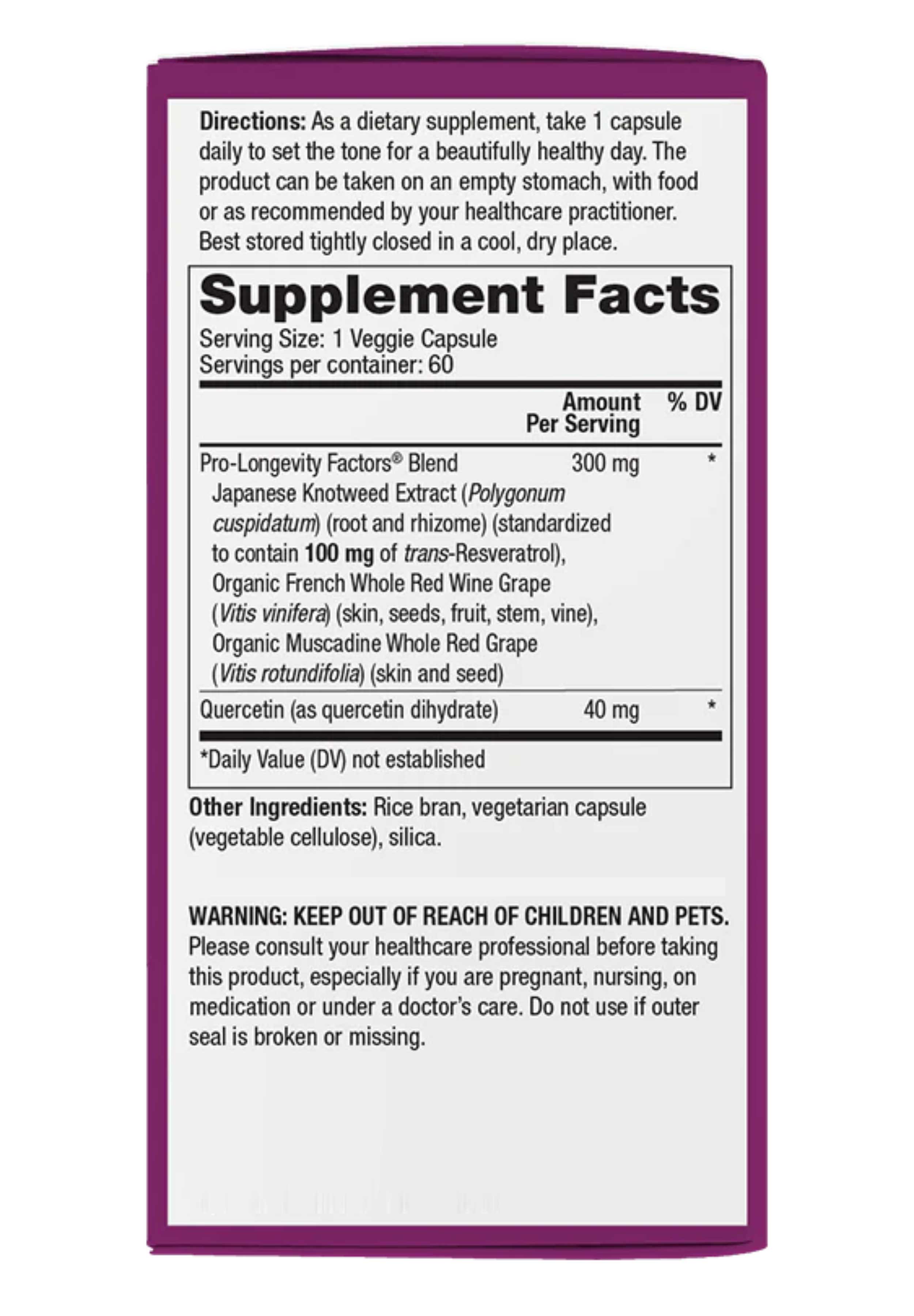 Reserveage Nutrition Resveratrol 100 mg Ingredients