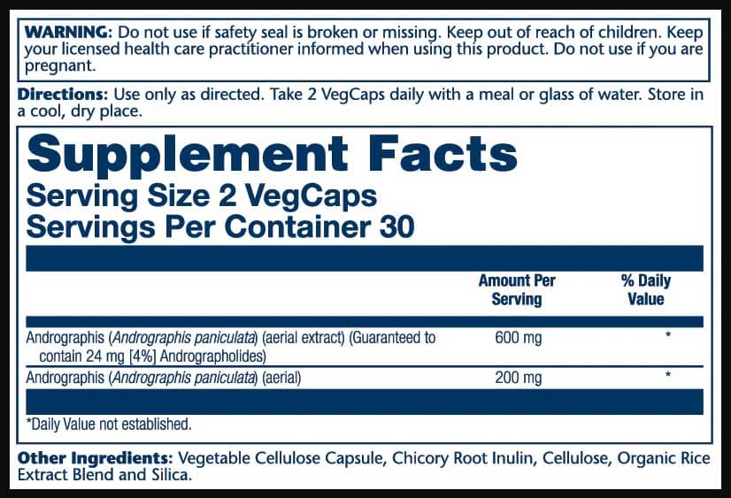 Solaray Andrographis Aerial Extract Ingredients