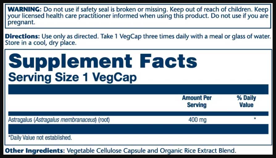 Solaray Astragalus Root 400 mg Ingredients